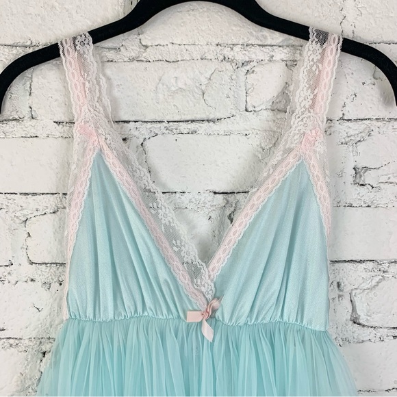 Night Magic Vintage Nylon Blue Ruffle Dress Medium - Picture 2 of 8